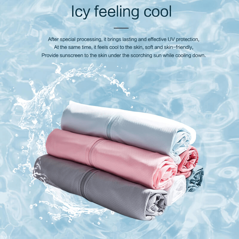Cooling towels with UV protection in pastel colors against a watery background, ideal for sun protection while keeping the skin cool and soft.